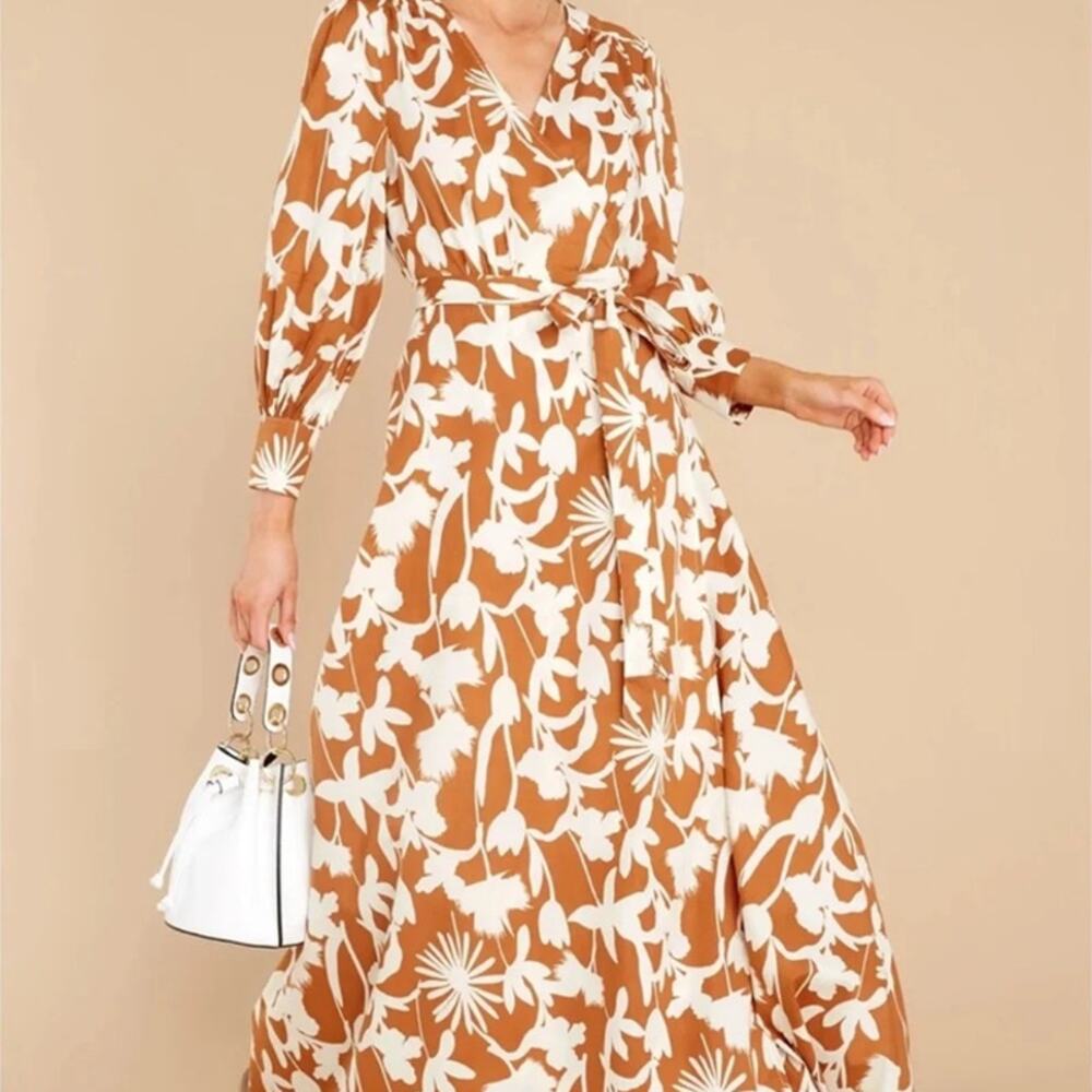 AaKaa Floral Long Sleeve Wrap Maxi Dress Rust Brown/White Size M